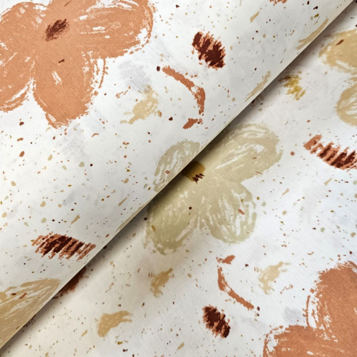 Material textil ranforce, 240cm, bumbac 100%, Alb cu flori portocalii si crem [1]
