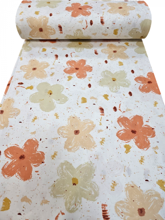 Material textil ranforce, 240cm, bumbac 100%, Alb cu flori portocalii si crem [2]