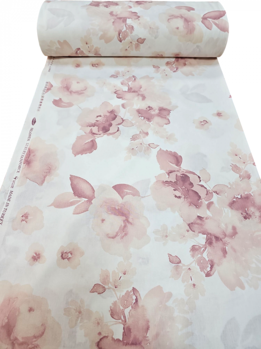Material textil ranforce, 240cm, bumbac 100%, Alb cu trandafiri roz pudra [2]