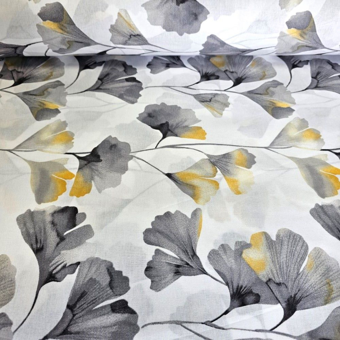 Material textil ranforce, 240cm, bumbac 100%, Alb cu frunze de gingo gri si galbene [3]