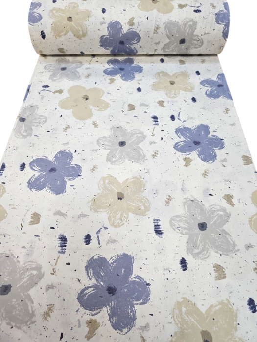 Material textil ranforce, 240cm, bumbac 100%, Alb cu flori albastre si gri [2]