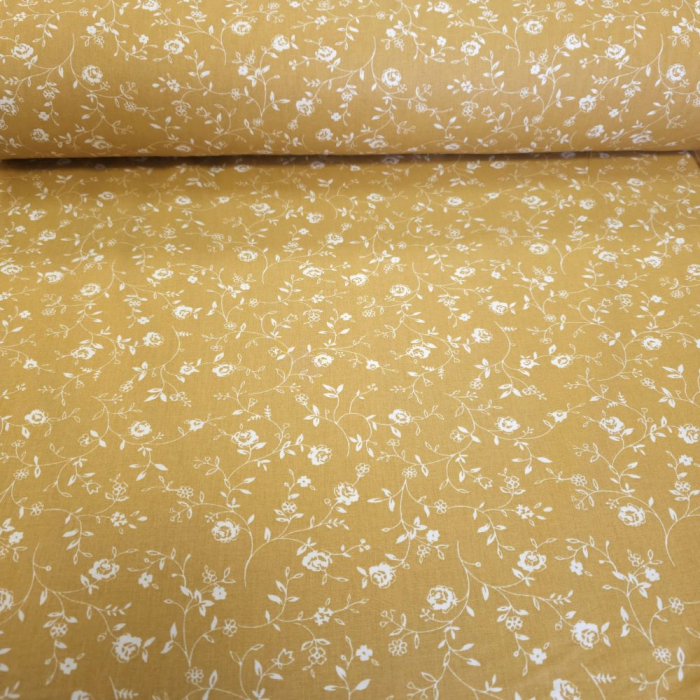 Material textil ranforce, 240cm, bumbac 100%, Mustar cu floricele albe [2]