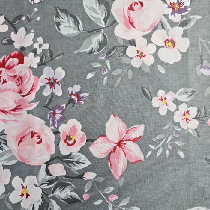 Material textil ranforce, 240cm, bumbac 100%, Gri cu trandafiri roz [2]