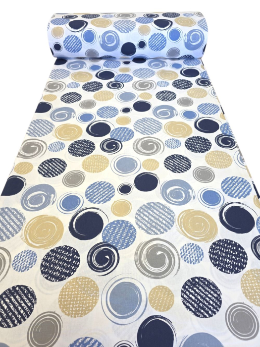 Material textil ranforce, 240cm, bumbac 100%, Alb cu buline albastre si bleumarin [3]