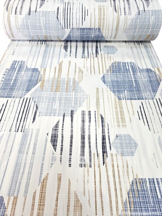 Material textil ranforce, 240cm, bumbac 100%, Alb cu hexagoane bleu [2]
