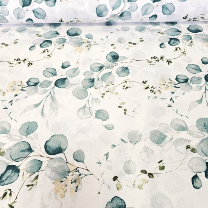 Material textil ranforce, 240cm, bumbac 100%, Alb cu frunze turcoaz [2]
