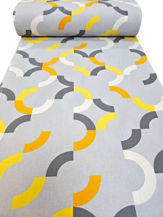 Material textil ranforce, 240cm, bumbac 100%, Gri cu cercuri galbene [2]