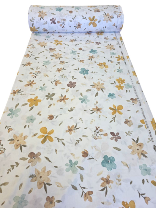 Material textil ranforce, 240cm, bumbac 100%, Alb cu floricele mustar si turcoaz [3]