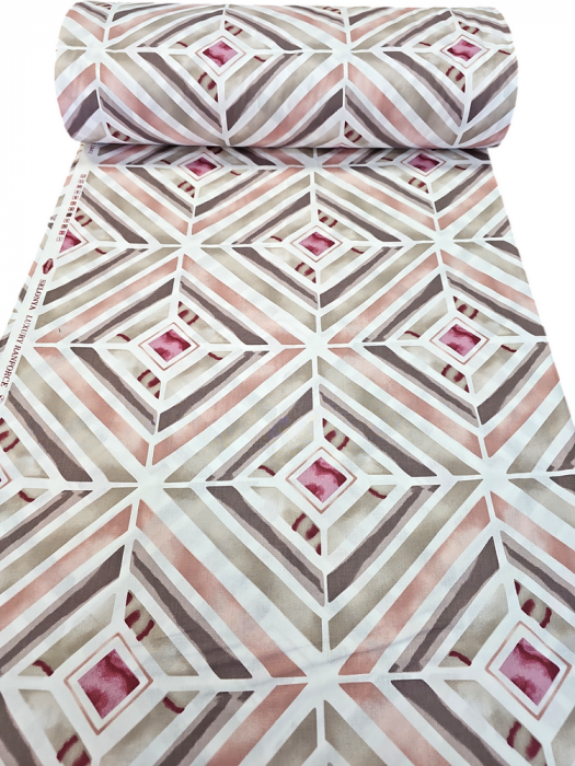 Material textil ranforce, 240cm, bumbac 100%, Alb cu romburi roz [2]
