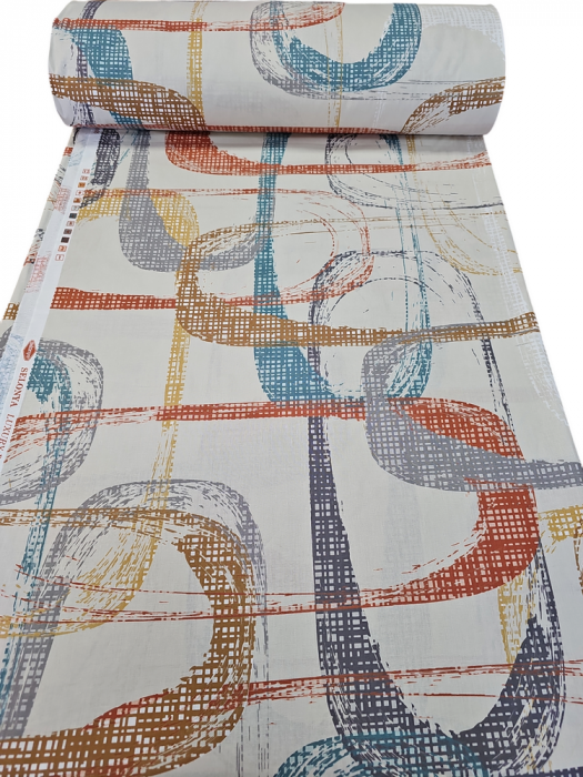 Material textil ranforce, 240cm, bumbac 100%, Alb cu dreptunghiuri maron si albastre [2]