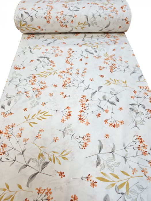 Material textil ranforce, 240cm, bumbac 100%, Alb cu floricele caramizii [2]