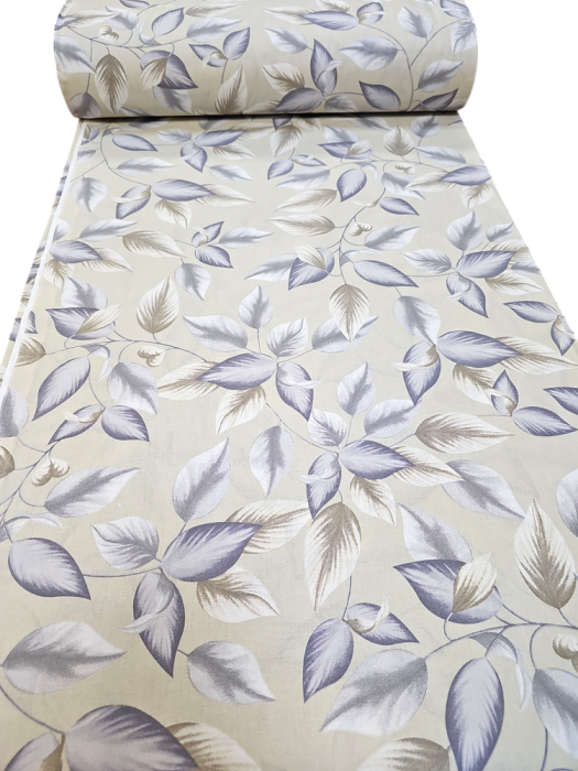 Material textil ranforce, 240cm, bumbac 100%, Crem cu frunze gri si bej [2]