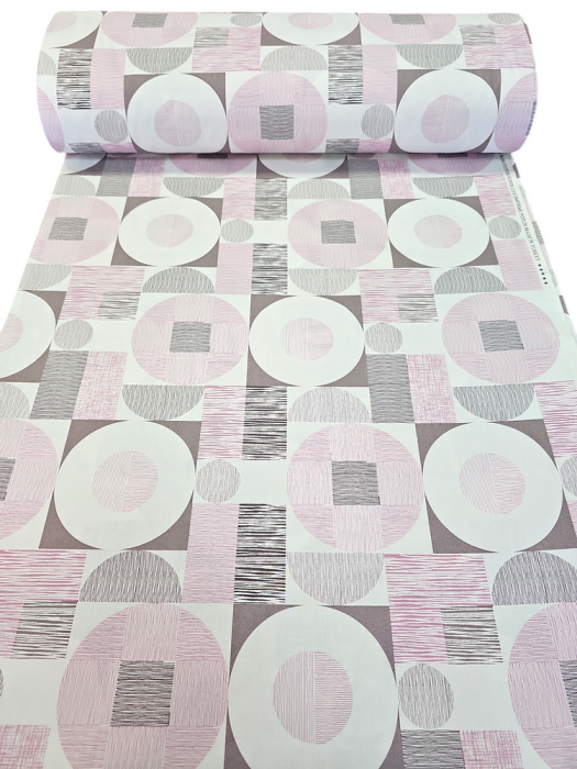 Material textil ranforce, 240cm, bumbac 100%, Geometric - gri si roz [2]