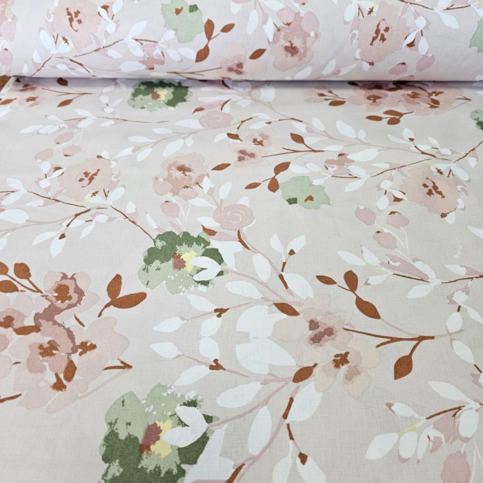 Material textil ranforce, 240cm, bumbac 100%, Roz pal cu ramurele [2]