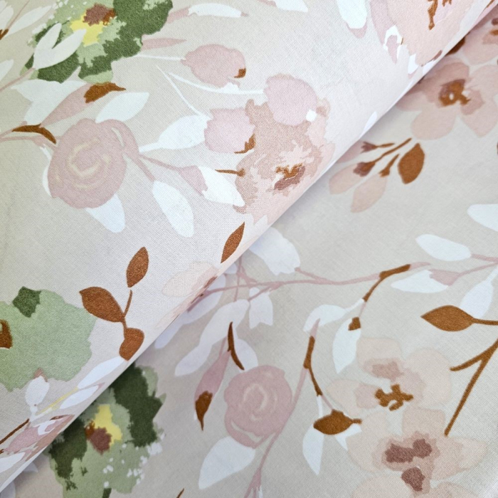 Material textil ranforce, 240cm, bumbac 100%, Roz pal cu ramurele [1]