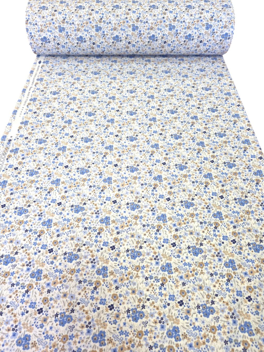 Material textil ranforce, 240cm, bumbac 100%, Alb cu floricele mici colorate - albastru [2]