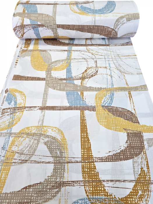 Material textil ranforce, 240cm, bumbac 100%, Crem cu dreptunghiuri caramizii si galbene [2]