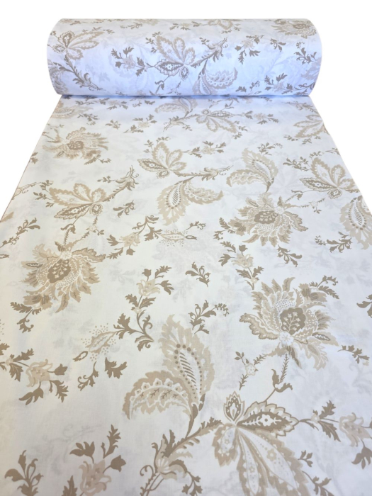 Material textil ranforce, 240cm, bumbac 100%, Alb cu flori maro [3]