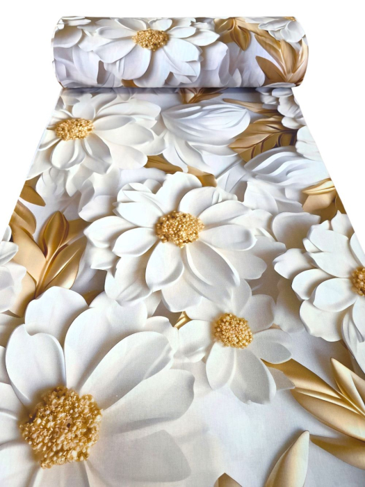 Material textil ranforce 5D, 240cm, bumbac 100%, Flori albe si frunze aurii [1]