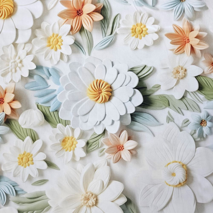 Material textil ranforce 5D, 240cm, bumbac 100%, Alb cu flori colorate [2]
