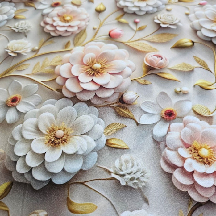 Material textil ranforce 5D, 240cm, bumbac 100%, Flori albe si ramurele aurii [3]