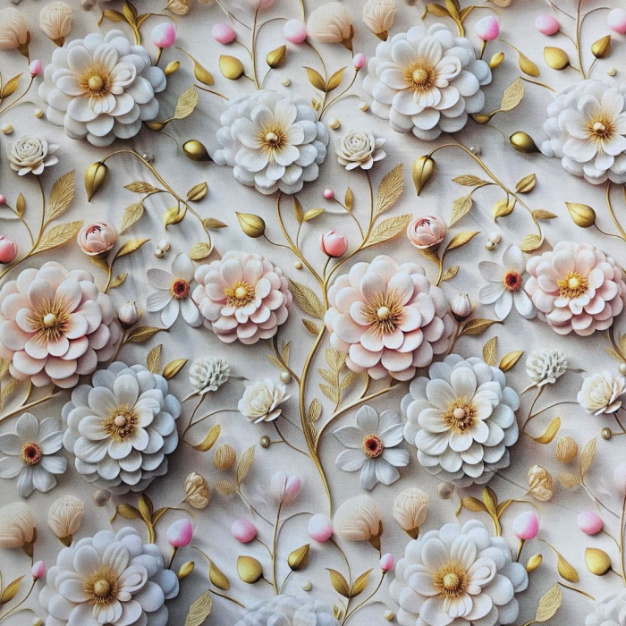 Material textil ranforce 5D, 240cm, bumbac 100%, Flori albe si ramurele aurii [2]