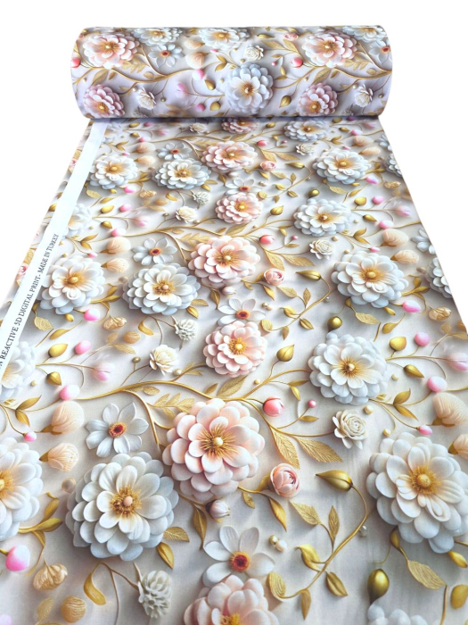 Material textil ranforce 5D, 240cm, bumbac 100%, Flori albe si ramurele aurii [1]