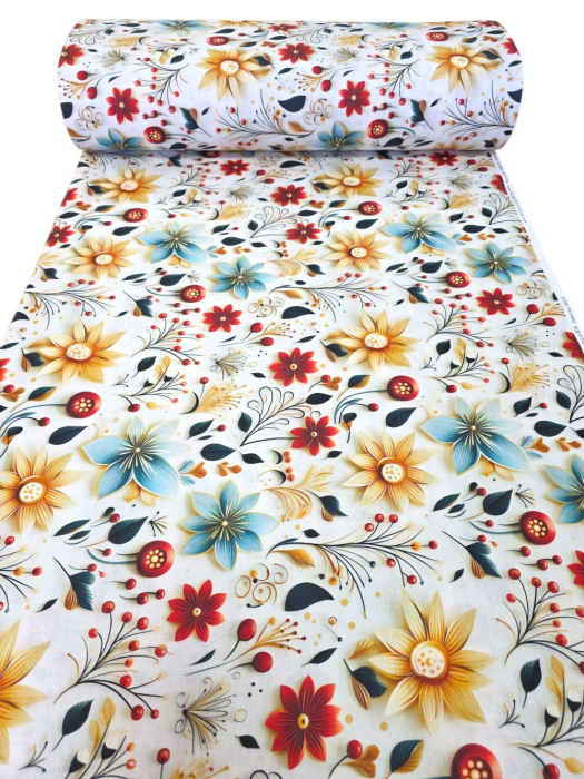 Material textil ranforce 5D, 240cm, bumbac 100%, Alb cu flori bleu si rosii [1]