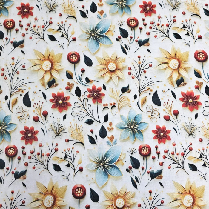 Material textil ranforce 5D, 240cm, bumbac 100%, Alb cu flori bleu si rosii [2]