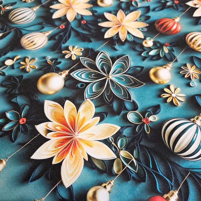 Material textil ranforce 5D, 240cm, bumbac 100%, Craciun - Verde cu globulete si flori [3]