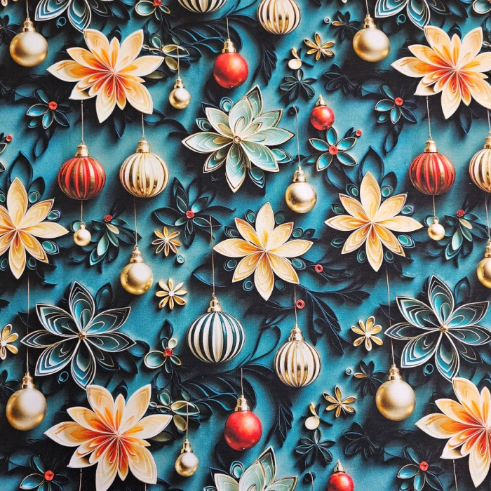 Material textil ranforce 5D, 240cm, bumbac 100%, Craciun - Verde cu globulete si flori [2]