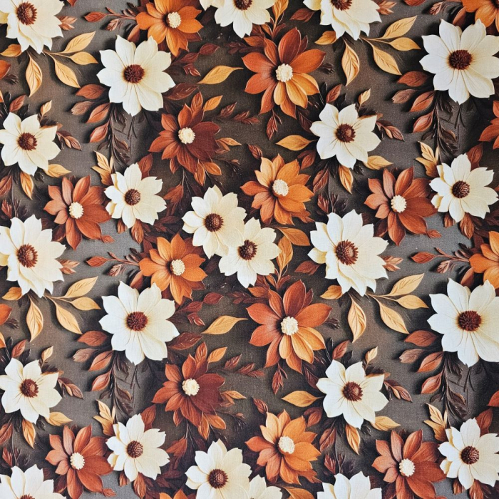 Material textil ranforce 5D, 240cm, bumbac 100%, Maro cu flori albe si caramizii [2]