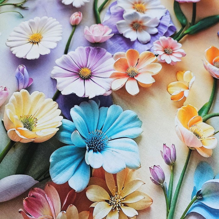 Material textil ranforce 5D, 240cm, bumbac 100%, Crem/lila cu diverse flori [3]