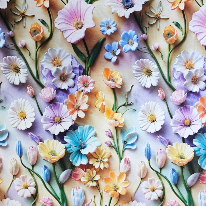 Material textil ranforce 5D, 240cm, bumbac 100%, Crem/lila cu diverse flori [2]