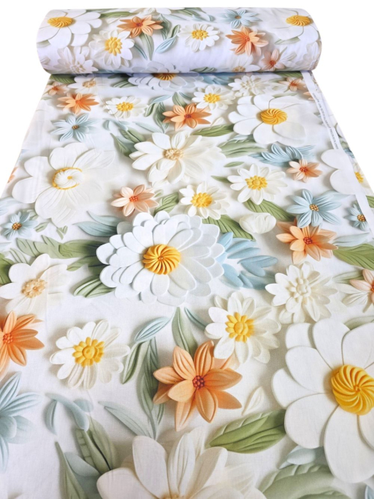Material textil ranforce 5D, 240cm, bumbac 100%, Alb cu flori colorate [1]