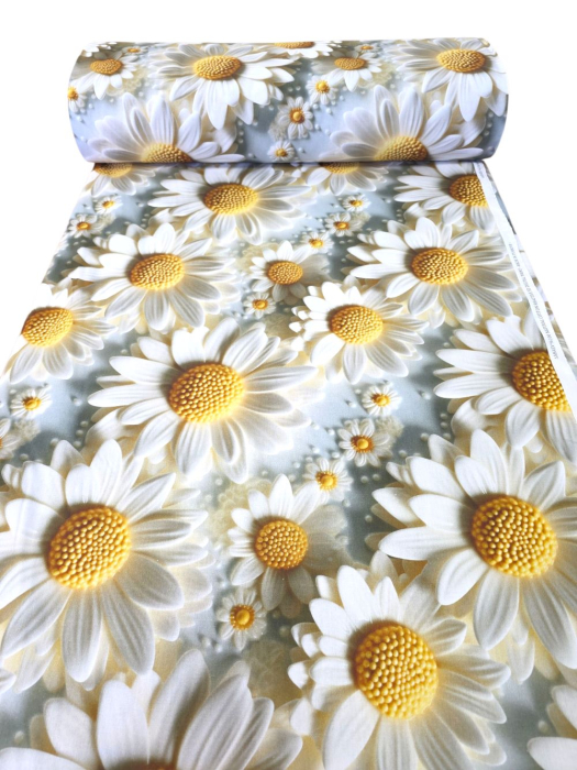 Material textil ranforce 5D, 240cm, bumbac 100%, Alb cu margarete [1]