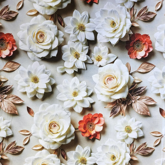 Material textil ranforce 5D, 240cm, bumbac 100%, Trandafiri albi si flori rosii [2]