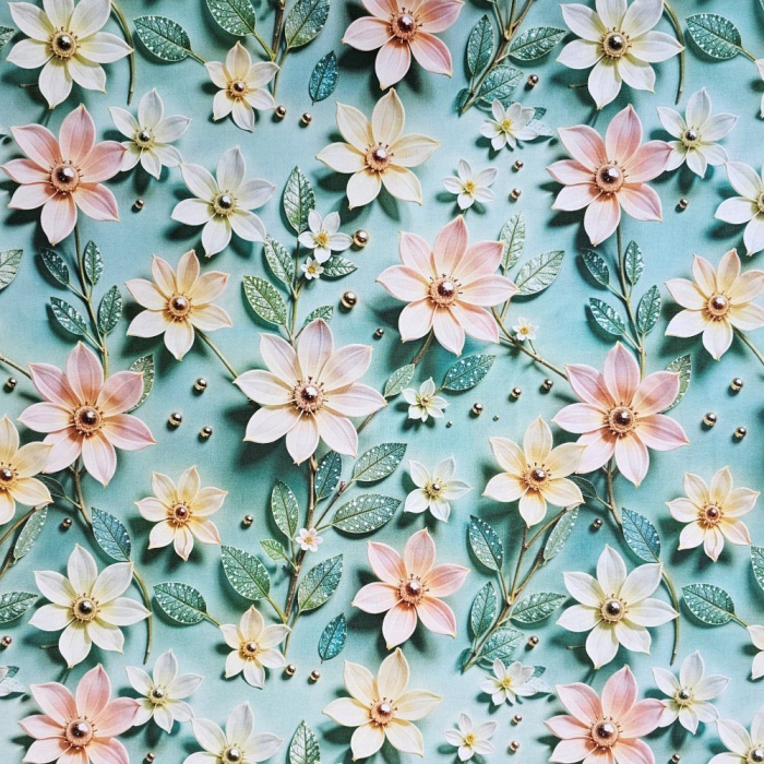 Material textil ranforce 5D, 240cm, bumbac 100%, Verde cu flori galbene si roz [2]