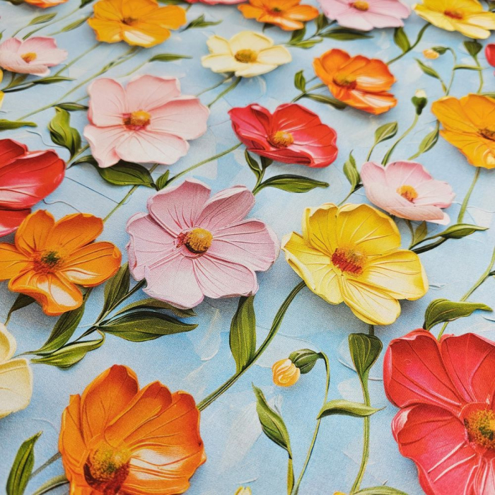 Material textil ranforce 5D, 240cm, bumbac 100%, Bleu cu flori roz si portocalii [3]