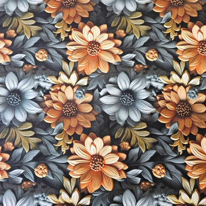 Material textil ranforce 5D, 240cm, bumbac 100%, Gri cu flori portocalii [2]