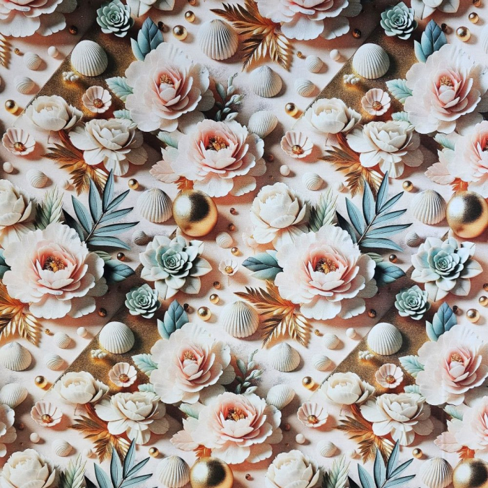 Material textil ranforce 5D, 240cm, bumbac 100%, Trandafiri roz si scoici [2]