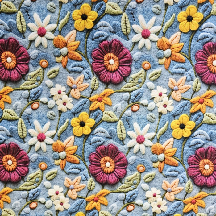 Material textil ranforce 5D, 240cm, bumbac 100%, Albastru cu flori tricotate [2]