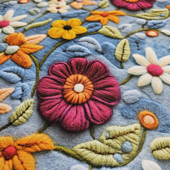 Material textil ranforce 5D, 240cm, bumbac 100%, Albastru cu flori tricotate [3]