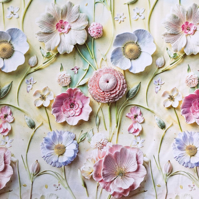 Material textil ranforce 5D, 240cm, bumbac 100%, Crem cu camp de flori [2]