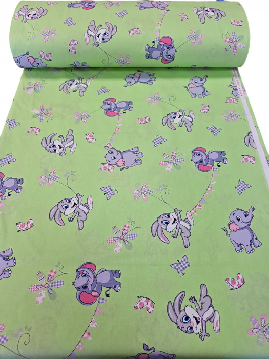 Material textil ranforce, bumbac 100%, Verde cu elefanti si iepurasi [2]