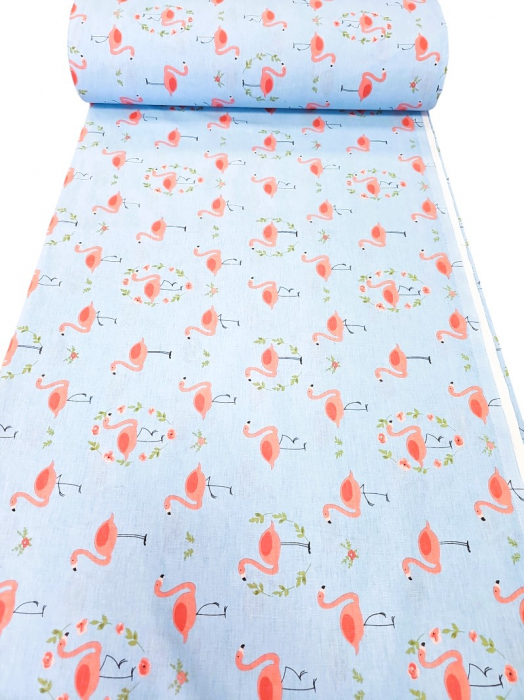 Material textil ranforce, bumbac 100%, Bleu cu flamingo [2]