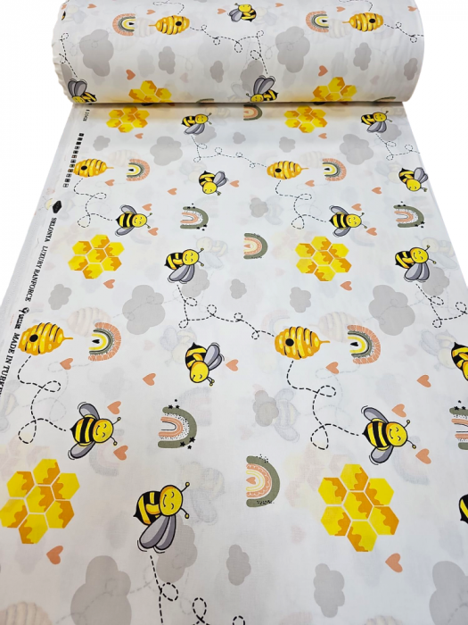 Material textil ranforce, bumbac 100%, Alb cu albinute si stupi [2]