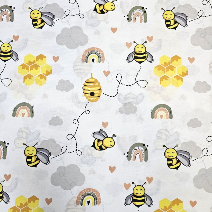 Material textil ranforce, bumbac 100%, Alb cu albinute si stupi [3]