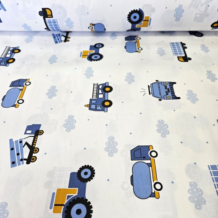 Material textil ranforce, bumbac 100%, Alb cu camioane albastre [3]