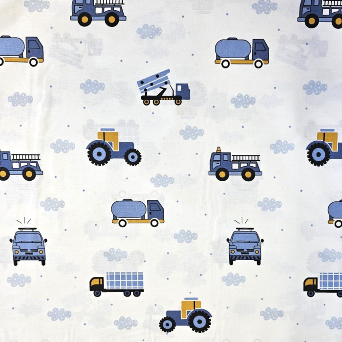 Material textil ranforce, bumbac 100%, Alb cu camioane albastre [2]